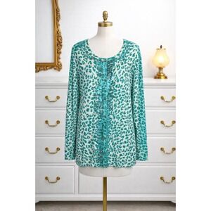 Quacker Factory Cardigan Sweater Turquoise Sequin Trim Leopard Print Knit Size L